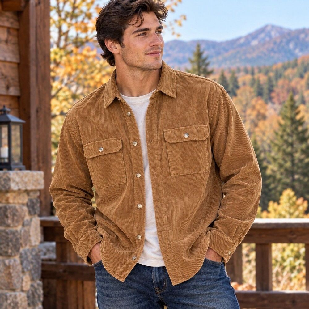 GAP Men`s Cognac Corduroy Button Down Shirt Jacket Shacket Size XL 100% Cotton